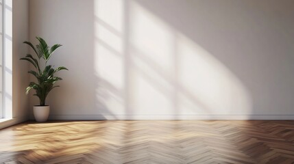 Wall Mural - Elegant Herringbone Parquet Flooring with Soft Shadows in Minimalist Interior Room