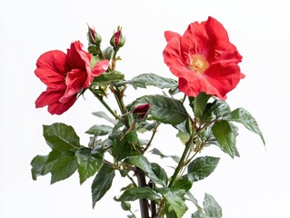 Poster - red rose bush with buds and green leaves against a white background