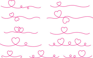 heart lines bundle hand drawn doodle love linear pink color icon set isolated on transparent backgro