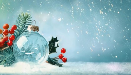 Poster - Sparkling Blue Christmas Ornament with Snowflake Design Surrounded by Red Holly Berries and Green Leaves in a Winter Snow Scene