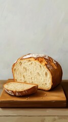 Aufkleber - Rustic loaf bread sliced on a wooden board against a neutral background in a cozy setting