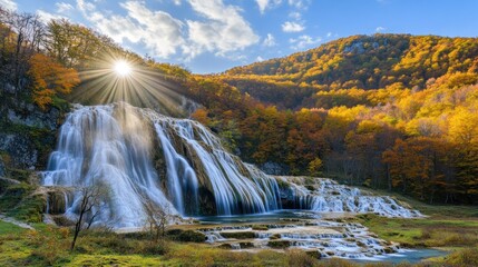 Aufkleber - A stunning waterfall cascades through autumn foliage under a radiant sun.
