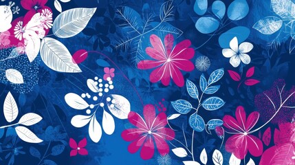 Aufkleber - Vibrant spring floral design in cobalt hues showcasing blossoms and leaves against a contrasting background
