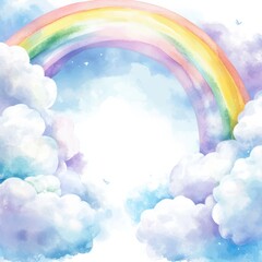 Poster - Vibrant watercolor border featuring soft clouds and a colorful rainbow in a serene sky