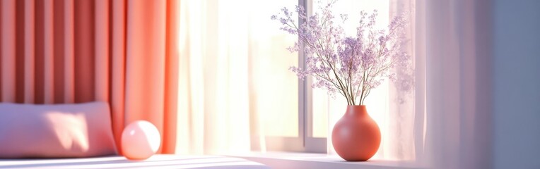 Poster - Elegant display of pastel coral vase and lavender flowers in a sunlit room filled with soft curtains