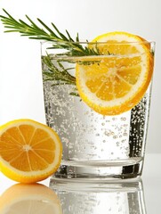 Poster - Refreshing glass of lemonade with lemon slices and a sprig of rosemary on a bright summer day