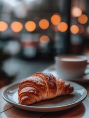 Poster - Fresh croissant resting on a plate near a warm cup of coffee in a cozy cafe setting during the evening