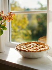 Aufkleber - Freshly baked apple pie cooling by the window with a view of the outdoors during a sunny afternoon