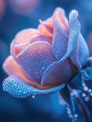 Poster - Close-up view of a blooming rose adorned with shimmering dew drops capturing the beauty of nature at dawn