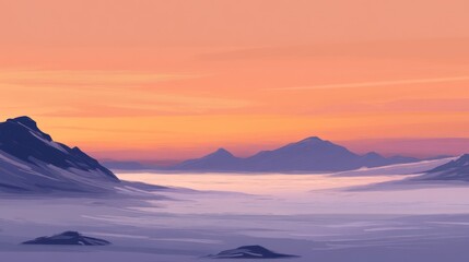 Sticker - Misty mountainscape at sunrise with a soft, colorful, pastel sunset, creating a serene and peaceful atmosphere.