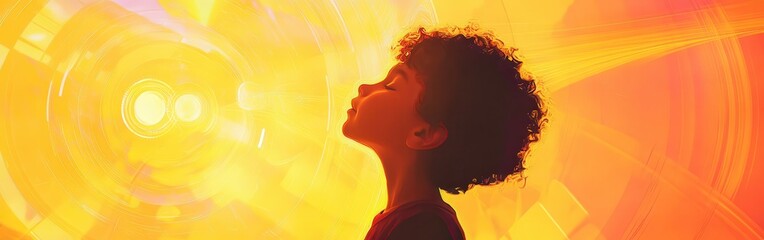 Poster - Child radiating light and wonder against a vibrant, glowing background during a serene moment of reflection