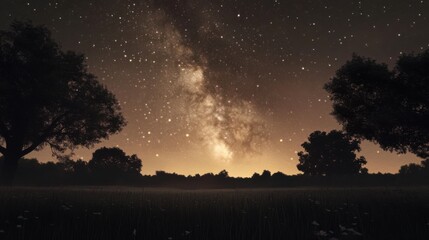 Wall Mural - Stunning night sky over a wide-open field with silhouettes of trees and the Milky Way shining brightly