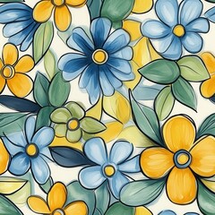 Poster - Whimsical watercolor doodle featuring vibrant blue and yellow flowers and leafy greenery in a playful pattern