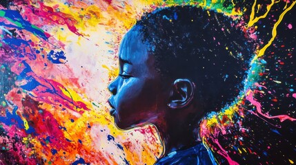 Leinwandbilder - Vibrant profile of a child against a backdrop of colorful splashes, capturing the essence of youth and creativity