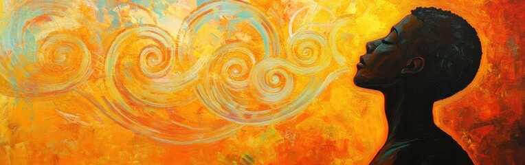Leinwandbilder - Vibrant profile painting of a man with glowing background and swirling clouds at sunset