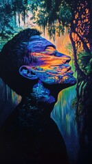 Poster - Vibrant silhouette of a man infused with an enchanting sunset landscape amidst lush greenery