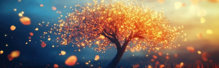 Poster - Vibrant glowing tree illuminated by warm colors in a magical forest at sunset