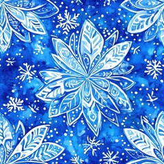 Poster - Vibrant watercolor doodles with intricate flower patterns and snowflake motifs on a bright blue background