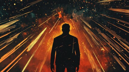 Poster - Vibrant silhouette of a man against a backdrop of bursting colors and dynamic light
