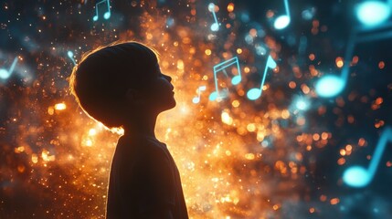 Leinwandbilder - Surreal silhouette of a child surrounded by colorful musical notes in a dreamlike environment