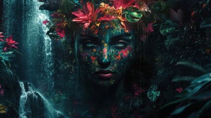Poster - Surreal depiction of a woman's face adorned with vibrant flowers and foliage in a mystical forest setting