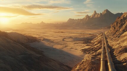 Aufkleber - A vast desert landscape with mountains and a pipeline under a sunset sky.