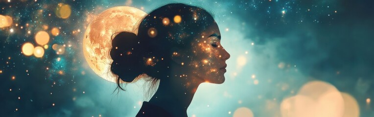 Aufkleber - Surreal portrait of a glowing woman against a cosmic backdrop with a luminous moon