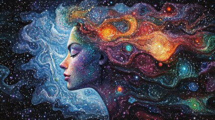 Poster - Surreal depiction of a glowing woman immersed in cosmic colors and swirling patterns