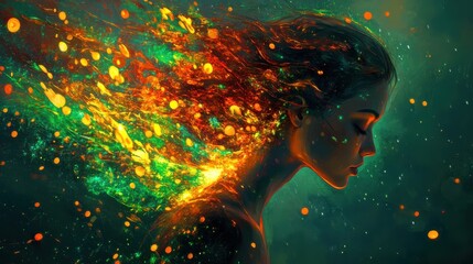 Poster - Surreal depiction of a glowing woman with vibrant colors radiating in a dreamlike atmosphere