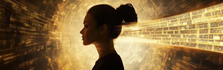 Poster - Surreal silhouette of a glowing woman against a dynamic golden background at twilight