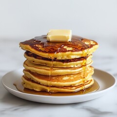Poster - Delicious stack of golden pancakes drizzled with syrup and topped with a pat of butter perfect for breakfast