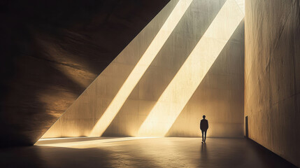Poster - Solitary Figure Walking in a Large Dimly Lit Architectural Space