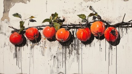 Poster - A vibrant artwork featuring red apples on a branch against a textured background.