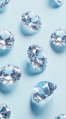 Poster - Sleek arrangement of sparkling diamonds on a light blue surface creating an elegant visual display of luxury and beauty