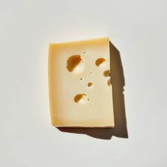 Poster - Single slice of Swiss cheese with distinct holes rests on a clean surface, emphasizing its texture and color in natural light