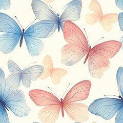 Poster - Colorful watercolor butterflies dance across a soft background in a serene doodle illustration