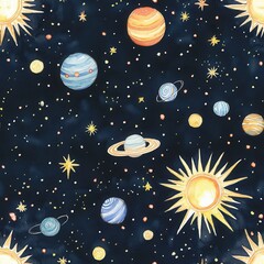 Poster - Colorful watercolor doodle of planets and suns in a whimsical cosmic scene