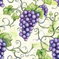 Poster - Serene watercolor doodle of purple grapes on green vines surrounded by delicate leaves