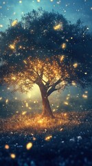 Poster - Serene tree glowing softly under twilight with fireflies dancing around in a tranquil setting