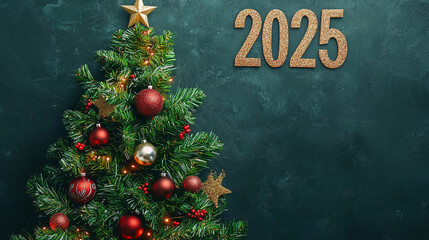 Festive Christmas Tree Decoration with 2025 in Shimmering Gold