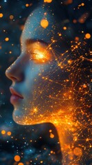 Aufkleber - A tranquil woman’s face merges with luminous, ethereal patterns in a captivating display of beauty and light