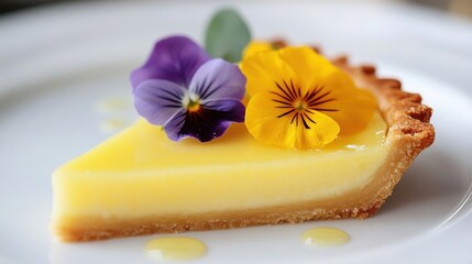 Aufkleber - Refreshing lemon tart topped with edible flowers served on a white plate in a cozy cafe