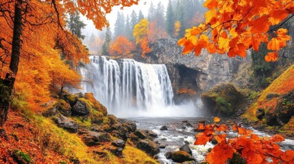 Aufkleber - A vibrant autumn landscape featuring a waterfall surrounded by colorful foliage.
