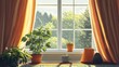 © Maftuh - Sunlit Window View: Plants, Curtains, and Tranquil Summer Scenery