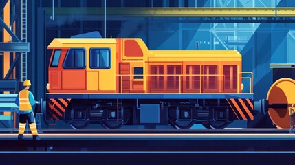 Aufkleber - A vibrant industrial scene featuring a yellow train and a worker in a factory setting.