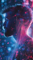 Poster - Mystical profile of a man illuminated by vibrant colors and digital patterns in a dreamy atmosphere