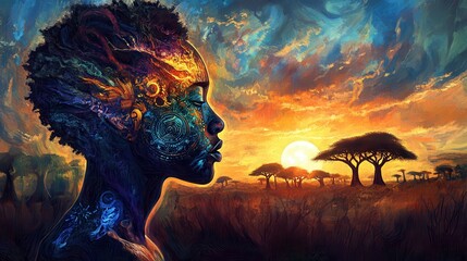 Aufkleber - Mystical profile of a man set against a vibrant sunset over an African landscape filled with trees