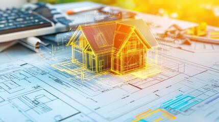 Poster - Modern blueprints showcasing innovative house design with digital rendering and construction tools on a workspace