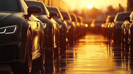 Poster - A fleet of sleek black cars glistens under golden rays of setting sun, creating a stunning panoramic view that exudes elegance and sophistication, Hd image 
