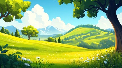 Aufkleber - A vibrant landscape featuring rolling hills, trees, and mountains under a bright sky.